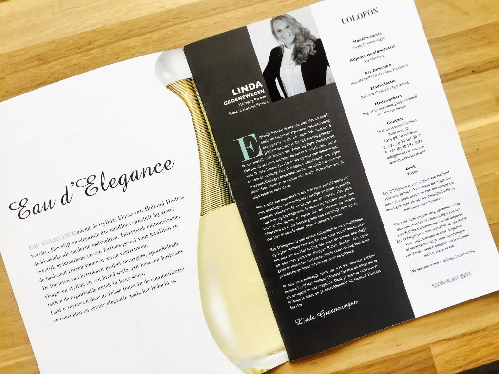 Eindredactie Eau d'Elegance Holland Hostess Service magazine